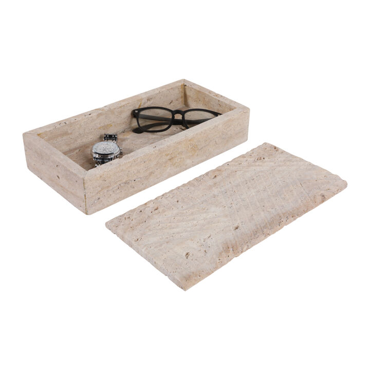12x6" Carved Travertine Box, Tan