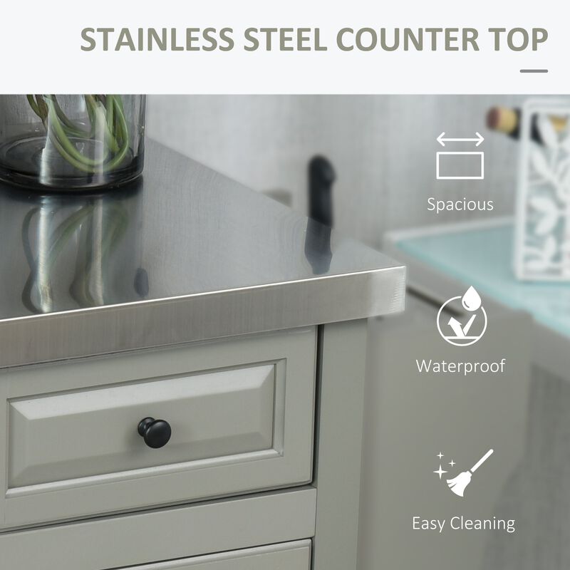 Gray Mobile Kitchen: Island Cart with Stainless Top and Multi-Storage