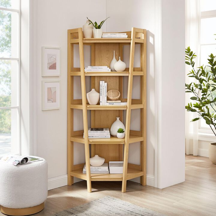 Modway Bixby 71'' Tall Corner Bookshelf in Oak - 5-Tier Wood Bookcase with Open Shelves for Living Room, Bedroom, Or Home Office