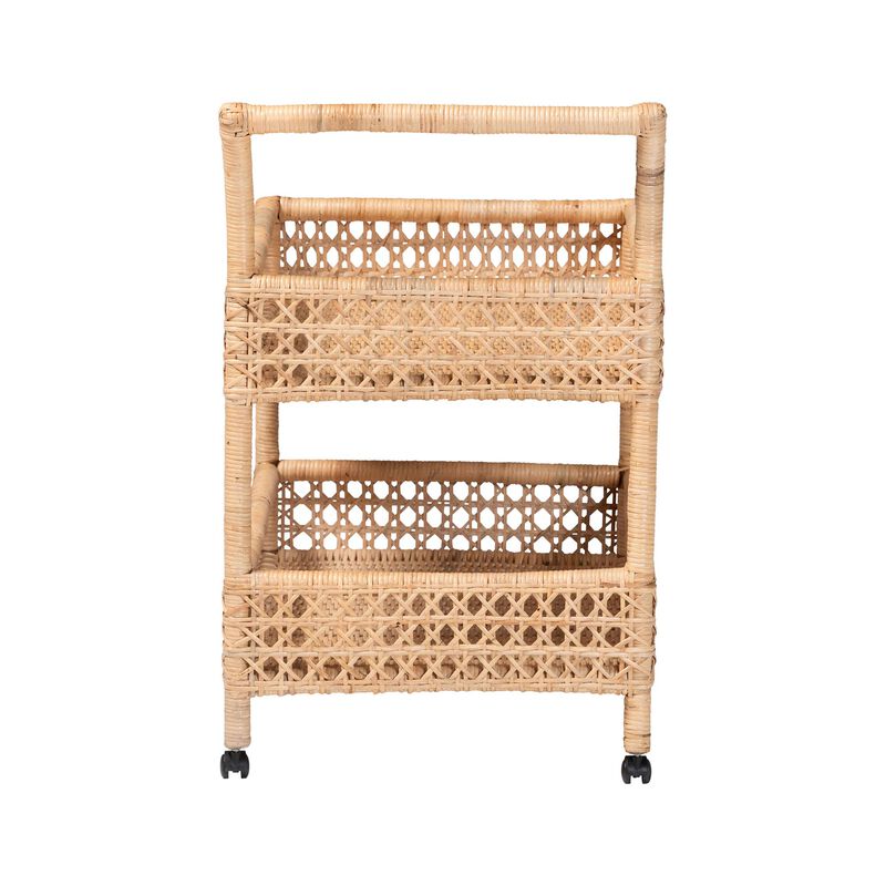 bali & pari Alaina Natural Rattan Kitchen Cart - 2-Tier Handwoven Wicker Storage Trolley with Handle for Kitchen or Lounge image number 3