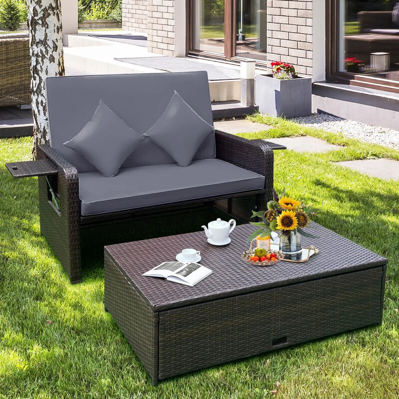 Mondawe Patio Rattan Daybed with 4-Level Adjustable Backrest and Retractable Side Tray