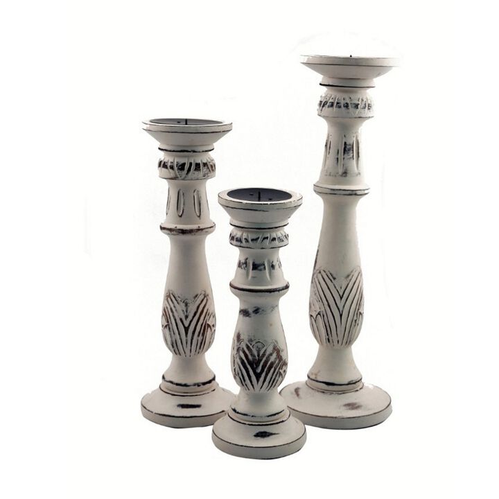Benzara Distressed Mango Wood Pillar Shaped Candle holder, Set of 3, White-Benzara