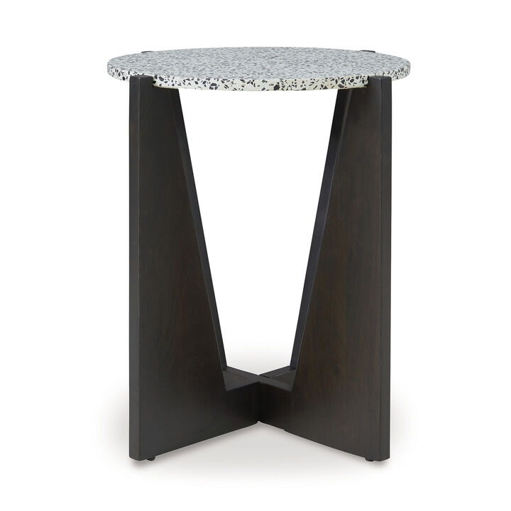 Accent Table, Round Terrazzo Tabletop, 25 Inch, Dark Brown Mango Wood