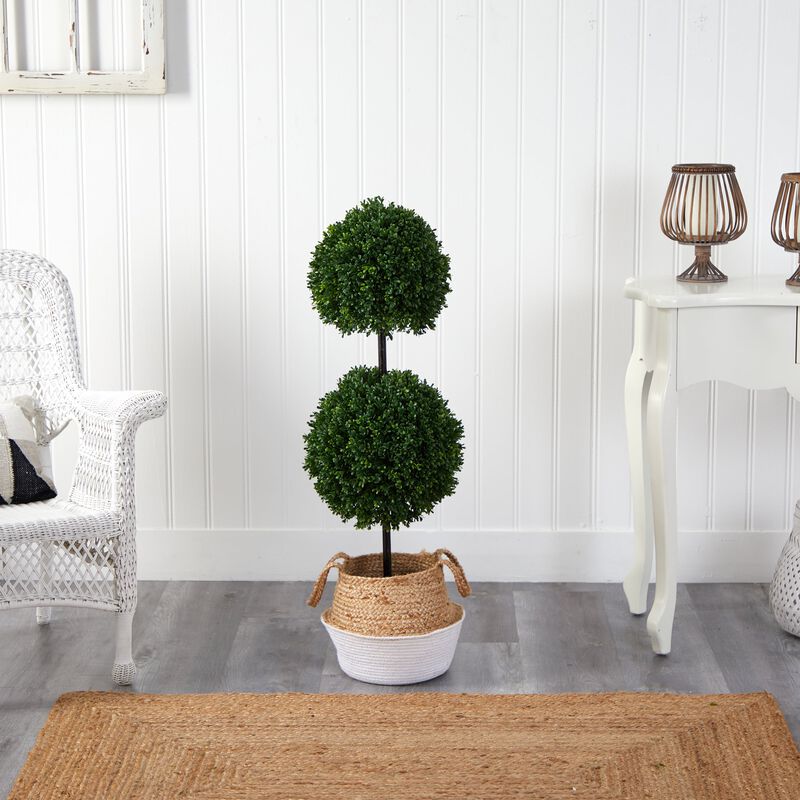 Hivvago 3.5 Feet Boxwood Double Ball Artificial Topiary Tree in Boho Chic Handmade Cotton & Jute White Woven Planter UV Resistant (Indoor/Outdoor)