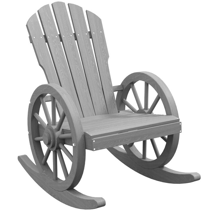 Outsunny Wooden Rocking Chair, Adirondack Rocker Chair w/ Slatted Design and Oversized Back, Outdoor Rocking Chair with Wagon Wheel Armrest for Porch, Poolside, and Garden, Carbonized