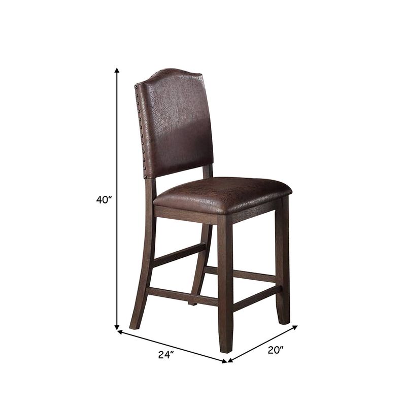 Counter Height Chair with Leatherette Seat and Rivets, Set of 2, Brown-Benzara