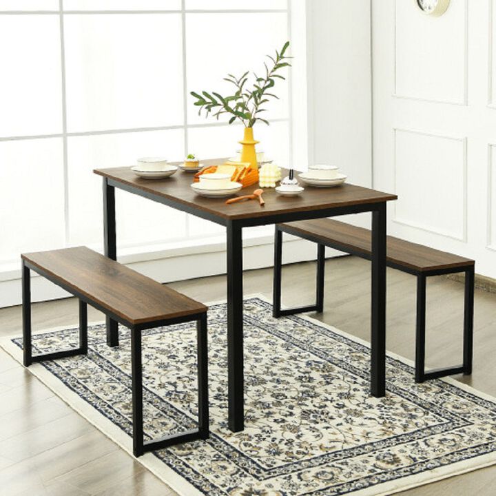 3 Pieces Kitchen Dining Table Set with 2 Benches for Limited Space -Natural