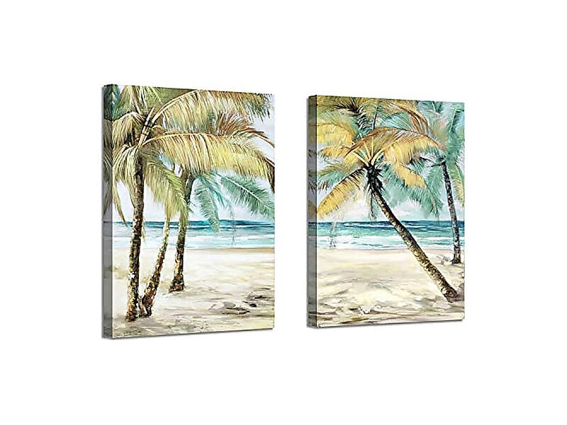 Beach Palm Trees Wall Art Abstract Coastal Seascape Hand Painted Canvas Living image number 0