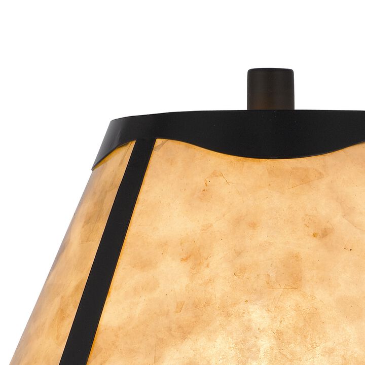 30 Inch 3 Way Table Lamp, Beige Mica Shade, Rubberwood and Black Metal Body - Benzara