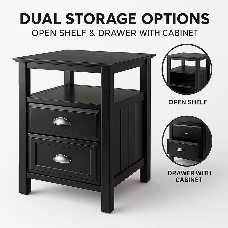Ergode Timber Nightstand - Versatile & Stylish Bedroom Storage with Drawer & Shelf - Black Finish - Elegant Design - Easy Assembly - 20" W x 20" D x 25" H image number 2