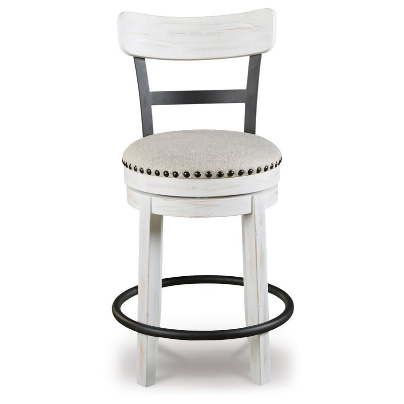 Zane Swivel 24.5 Inch Counter Stool Chair | Nailhead Trim | Curved Back | Distressed White and Black - Benzara