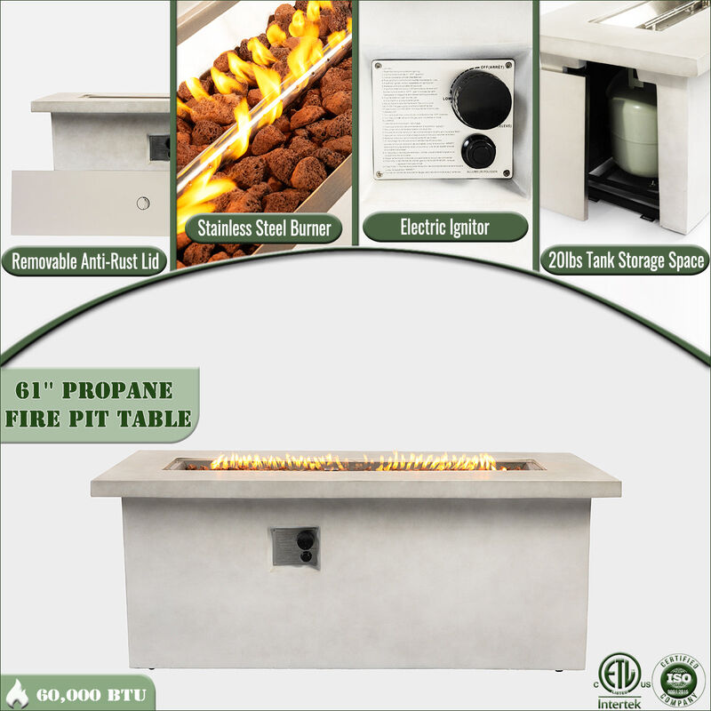 60" Propane Gas Fire Pit Table, 60000 BTU Rectangular Concrete Fire Pit for Outside Backyard Deck Garden Courtyard image number 4
