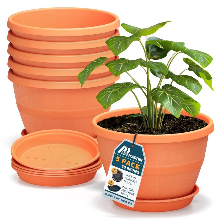 10-Inch Whiskey Barrel Planters Outdoor Pack of 5 - Durable Plastic Plant Pots for Indoor & Outdoor Use with Drainage & Saucer, Lightweight Rustic Barrel Planters for Flowers, Herbs & Small Plants