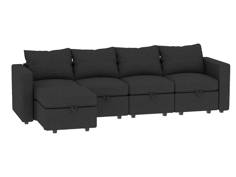 Modular 4-Seat Sectional Sofa with Wooden Frame and Chaise, Convertible Sofa with Pull-Out Bed, Available in Black, White, and Gray,109" L x 54.5" W x 34" H