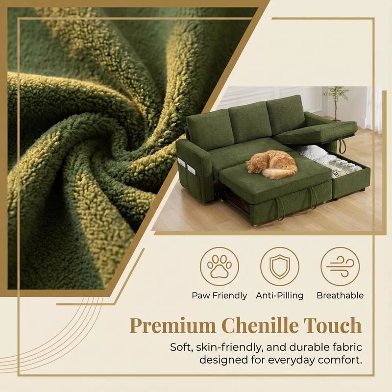 81" Sleeper Sofa Bed, 2 in 1 Pull Out Couch, Sectional Sofa with Reversible Storage, Side Pockets image number 8