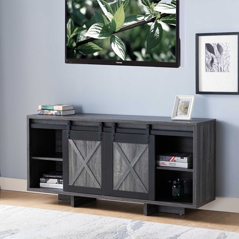 Distressed Grey & Black TV Stand/Buffet with 2 Sliding Doors Display Storage Cabinet Media Center