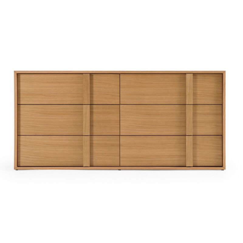 Lina 65 Inch Wide Dresser, 6 Drawers, Natural Brown Oak Veneer Frame