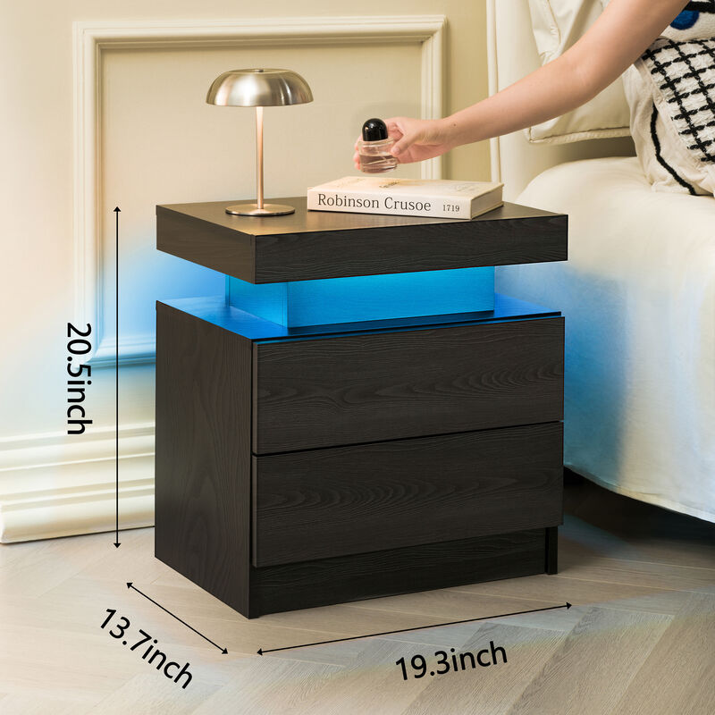 LED-Integrated Bedside Table with 2 Drawers, Modern Lighted Nightstand for Bedroom Side Cabinet