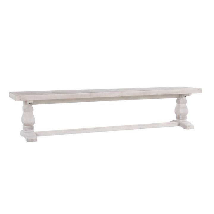 Kai 83 Inch Reclaimed Pine Dining Bench, Turned Pedestals, Antique White - Benzara