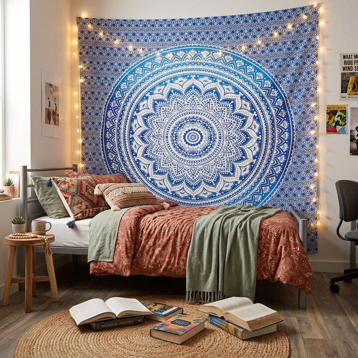 HomeRoots 92" X 84" Blue And White Mandala Cotton Hanging Tapestry