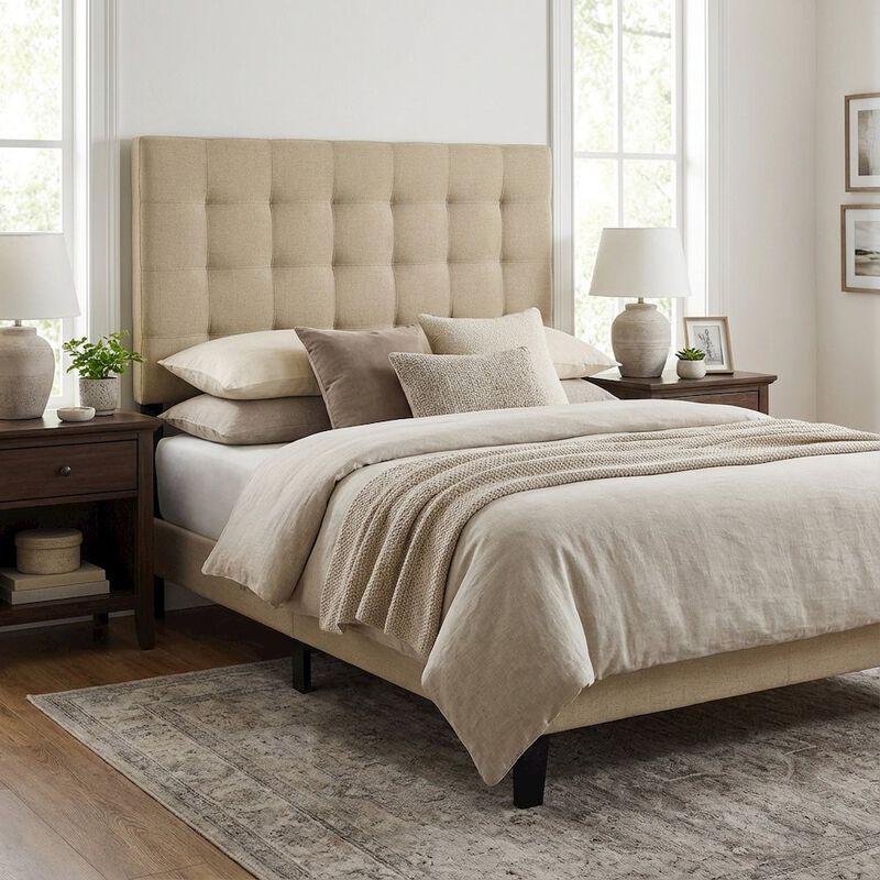 Upholstered Fabric King Headboard in Neutral Tone with Classic Design image number 3