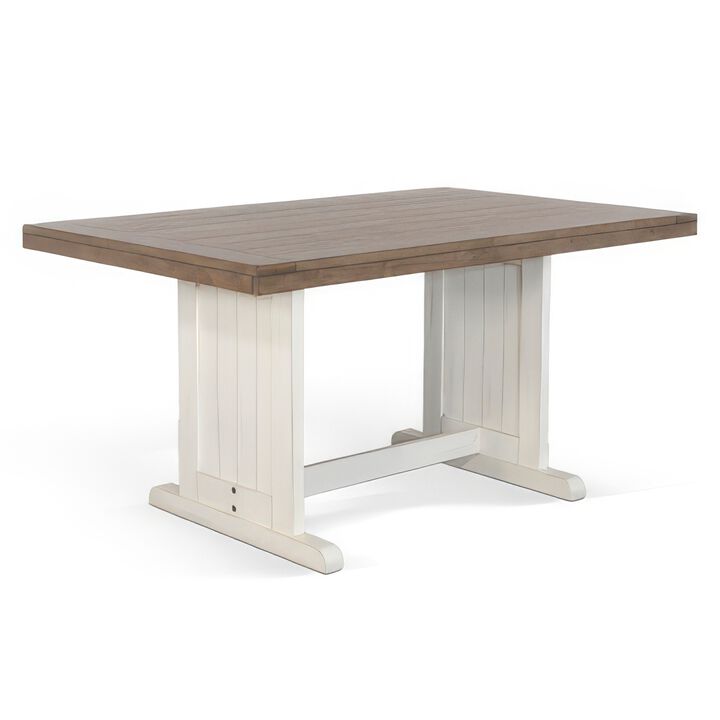 Dean Dining Table, 60 Inch Rectangular Plank Top, Off White and Brown