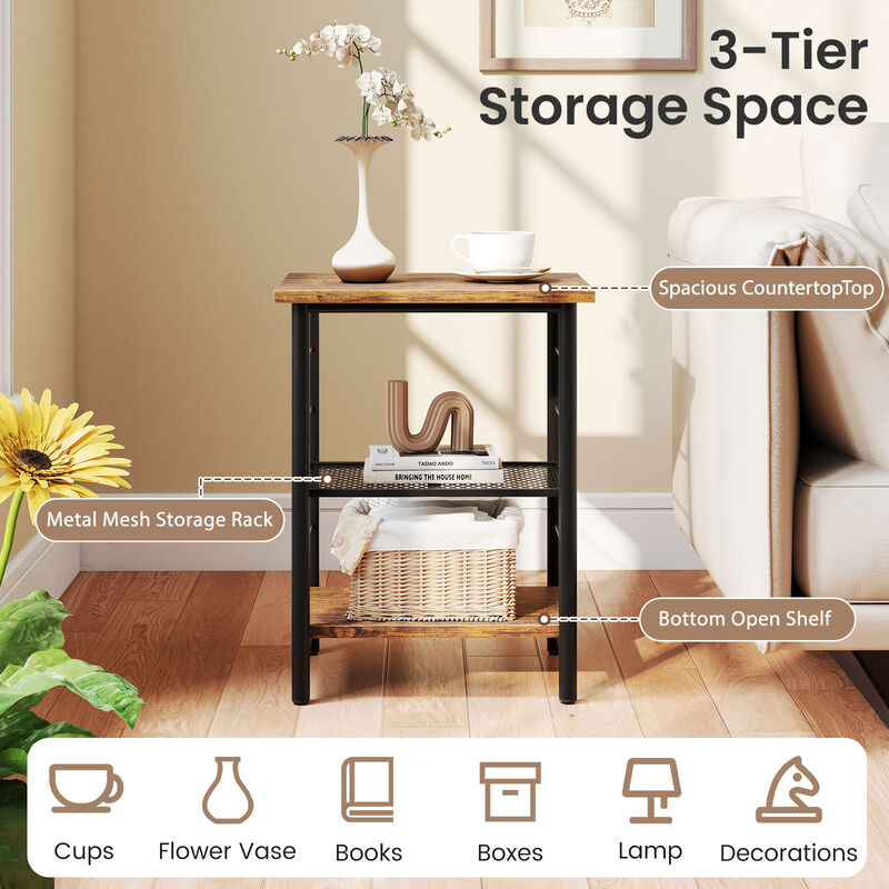 3-Tier End Table with Storage, Space-Saving Nightstand for Bedroom or Living Room