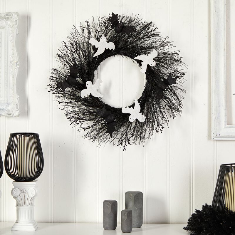 Hivvago 22" Halloween Ghost and Bats Twig Wreath