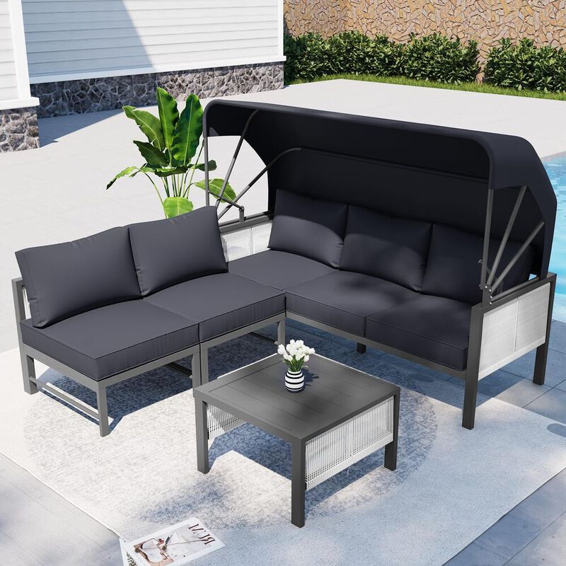 Mondawe Aluminum Patio Furniture Sets, 4 Pieces Outdoor Sectional Sofa with Retractable Canopy, Patio Conversation Set with Cushions for Outdoor image number 1
