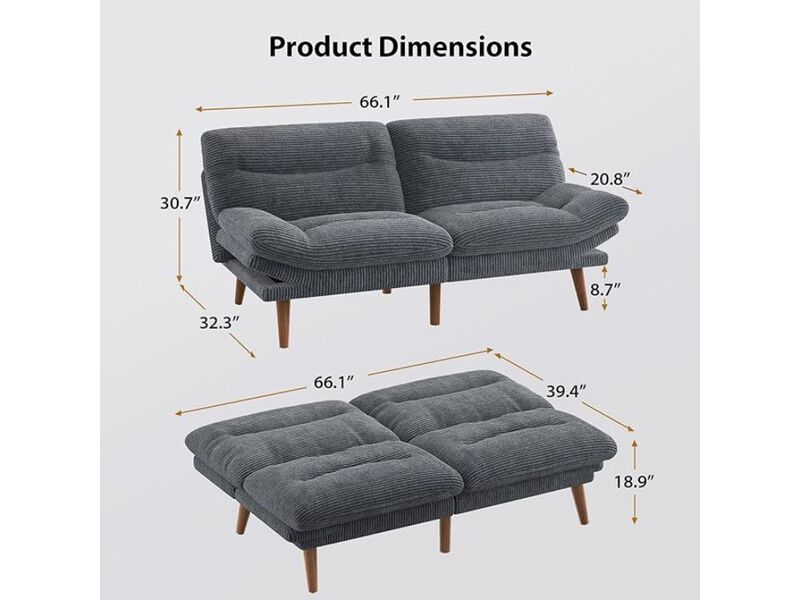 Futon Sofa Bed &ndash; 66" Grey Corduroy Convertible Couch with Adjustable Back & Armrests image number 2
