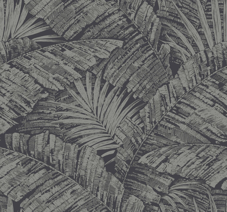 Palm Cove Toile Silver & Black Wallpaper