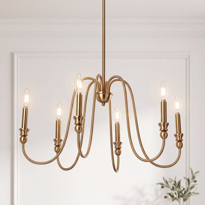 Gold Six-Light Candle Chandelier with U-Shaped Arms, Adjustable