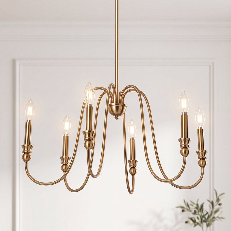 Gold Six-Light Candle Chandelier with U-Shaped Arms, Adjustable image number 1