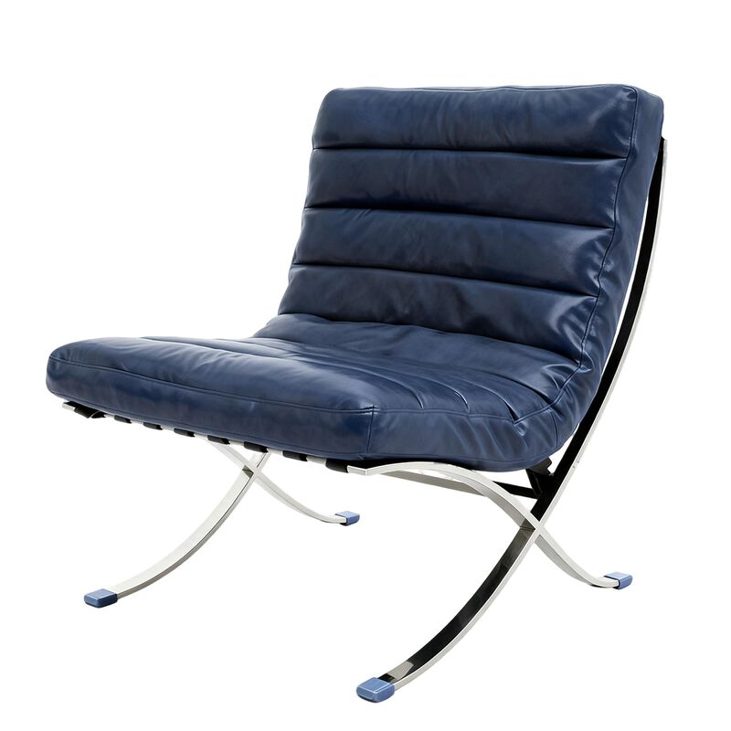 HomeRoots 29" Blue and Silver Tufted Leather and Upholstered Folding Lounge Chair