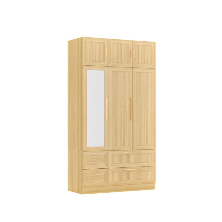 FUFU&GAGA Modern Wardrobe with Large Mirror and 4 Drawers, 6-Door Design, Yellow Wood Grain Finish, (86.7 in. W x 47 in. D x 20.5 in. H), Yellow