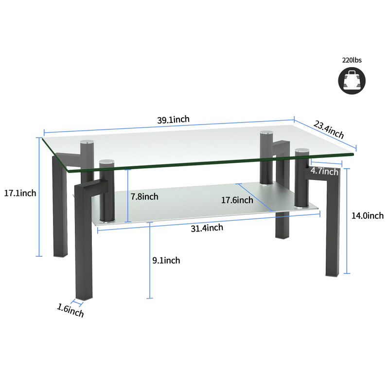 Rectangle Black Glass Coffee Table, Clear Coffee Table，Modern Side Center Tables for Living Room， Living Room Furniture