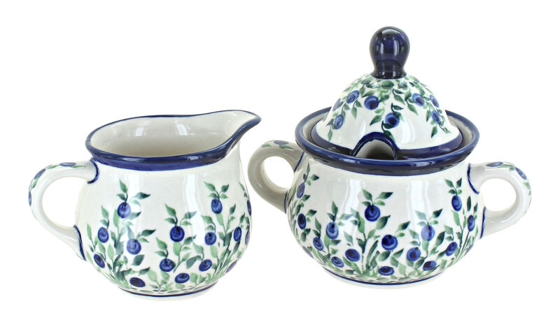 Blue Rose Polish Pottery Floral Butterfly Cream & Sugar Set