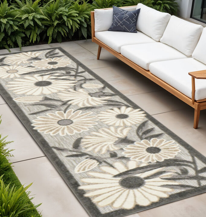 HomeRoots 12' Beige And Charcoal Floral Indoor Outdoor Runner Rug