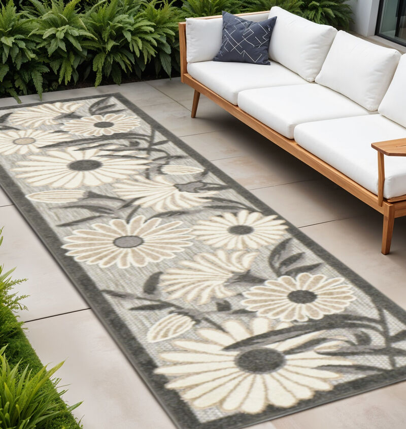 HomeRoots 12' Beige And Charcoal Floral Indoor Outdoor Runner Rug image number 1