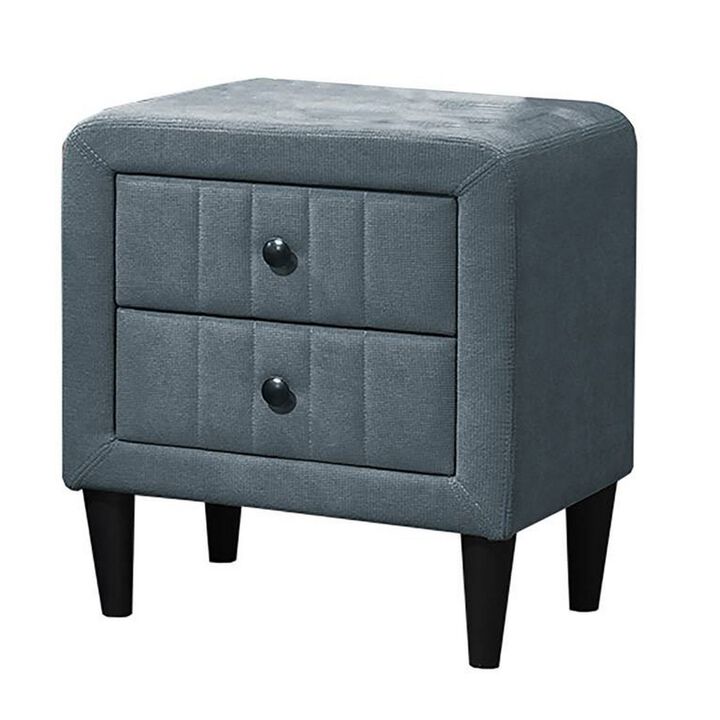 Rheo Nightstand, 2 Drawer, 22 Inch Slate Gray Brushed Linen Upholstery - Benzara