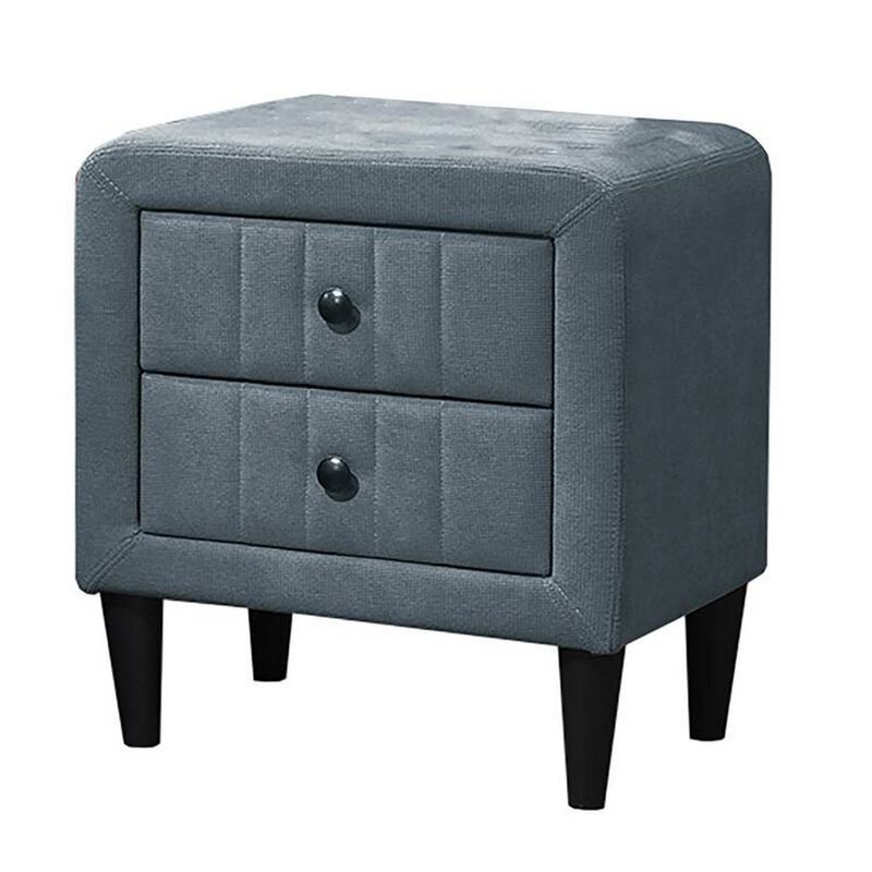 Rheo Nightstand, 2 Drawer, 22 Inch Slate Gray Brushed Linen Upholstery - Benzara
