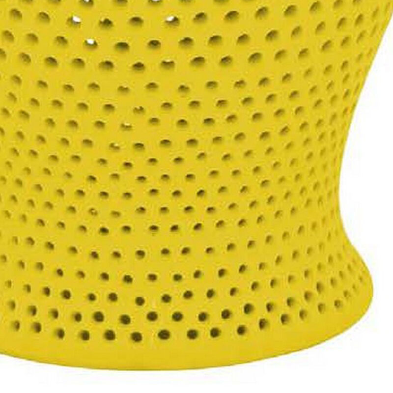 Deni 25 Inch Ginger Jar, Carved Cutout Lattice, Removable Lid, Yellow - Benzara