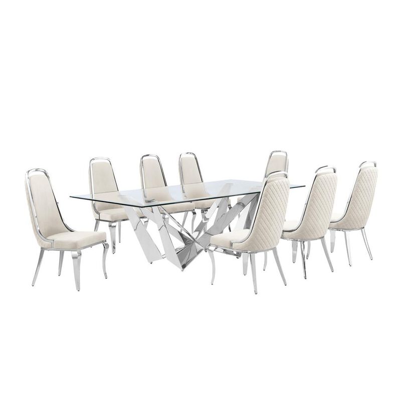 9pc Large(94") glass top dining set with silver base and 8 Cream side chairs