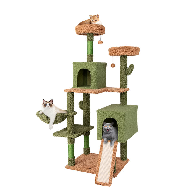 Multi-Level Cactus Cat Tree with Scratching Posts, Ladder, Double Condos, Toys, and Cozy Bed