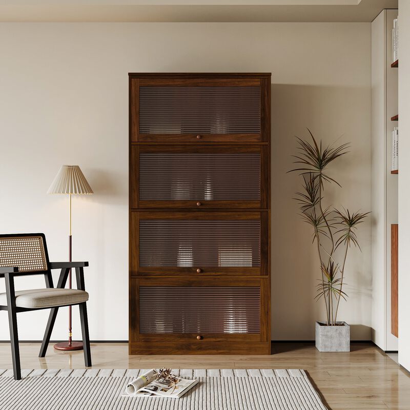 Clihome Bookcase Contemporary Closed Back Glass Doors Office Storage Cabinet Floor-to-Ceiling Low Cabinet Bookcase Against Wall Dustproof Bookshelf