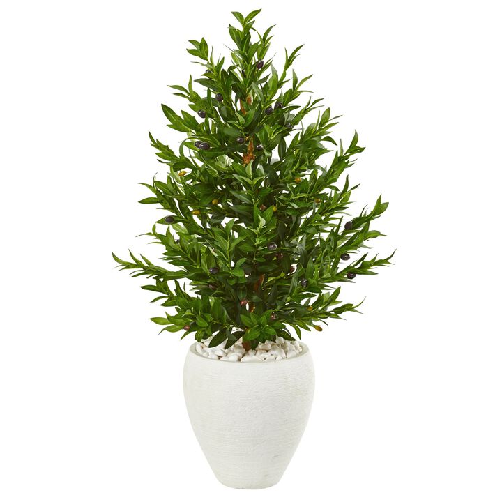 HomPlanti 3.5 Feet Olive Cone Topiary Artificial Tree in White Planter UV Resistant (Indoor/Outdoor)