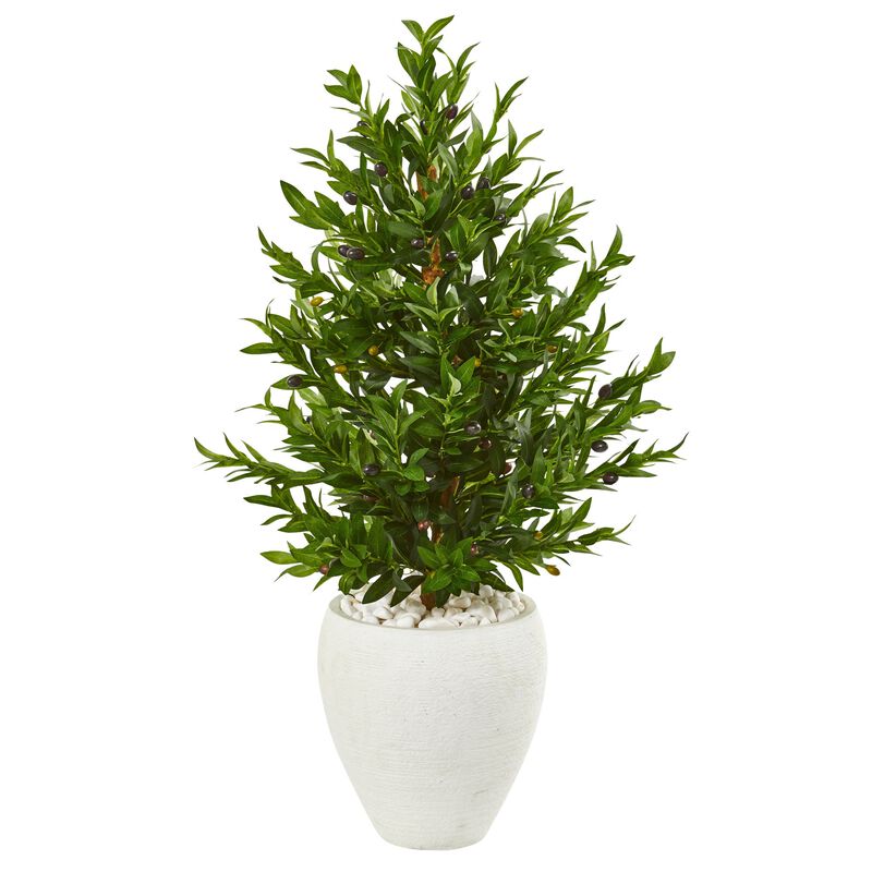 Hivvago 3.5 Feet Olive Cone Topiary Artificial Tree in White Planter UV Resistant (Indoor/Outdoor)