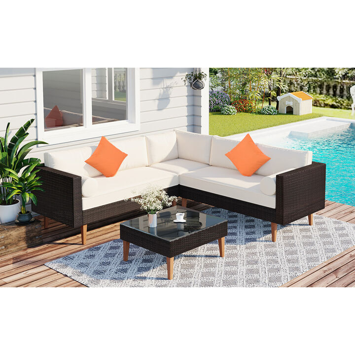 4-pieces Outdoor Wicker Sofa Set, Patio Furniture with Colorful Pillows, L-Shaped sofa set, Beige cushions and Brown Rattan