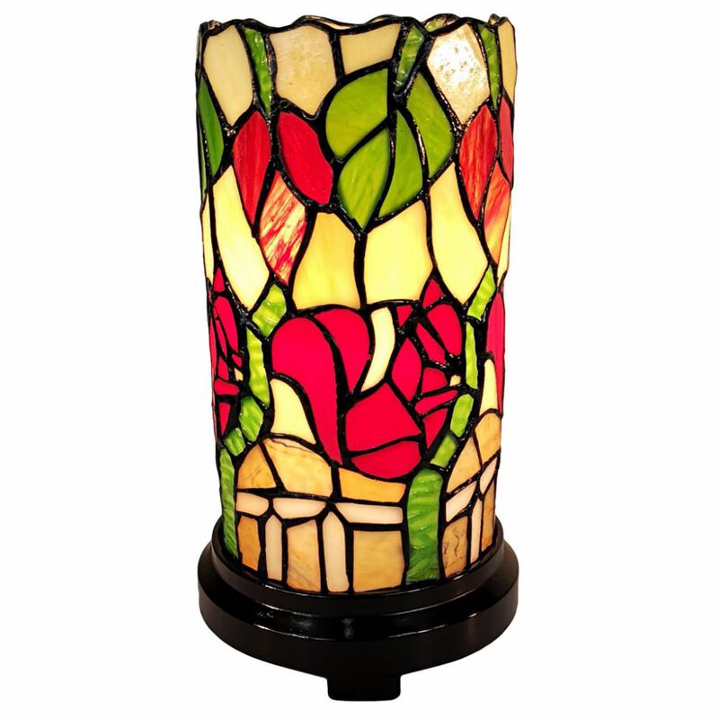 Hivvago 14" Red Green and Black Floral Stained Glass Accent Lamp