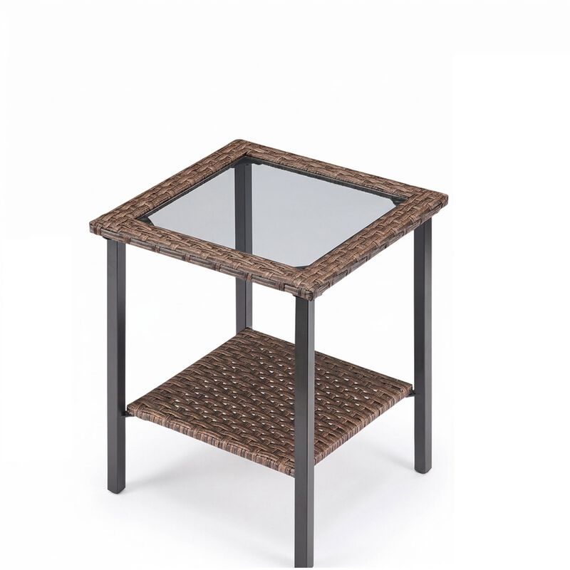 Outdoor Wicker Side Table，Patio Glass Top End Table image number 0